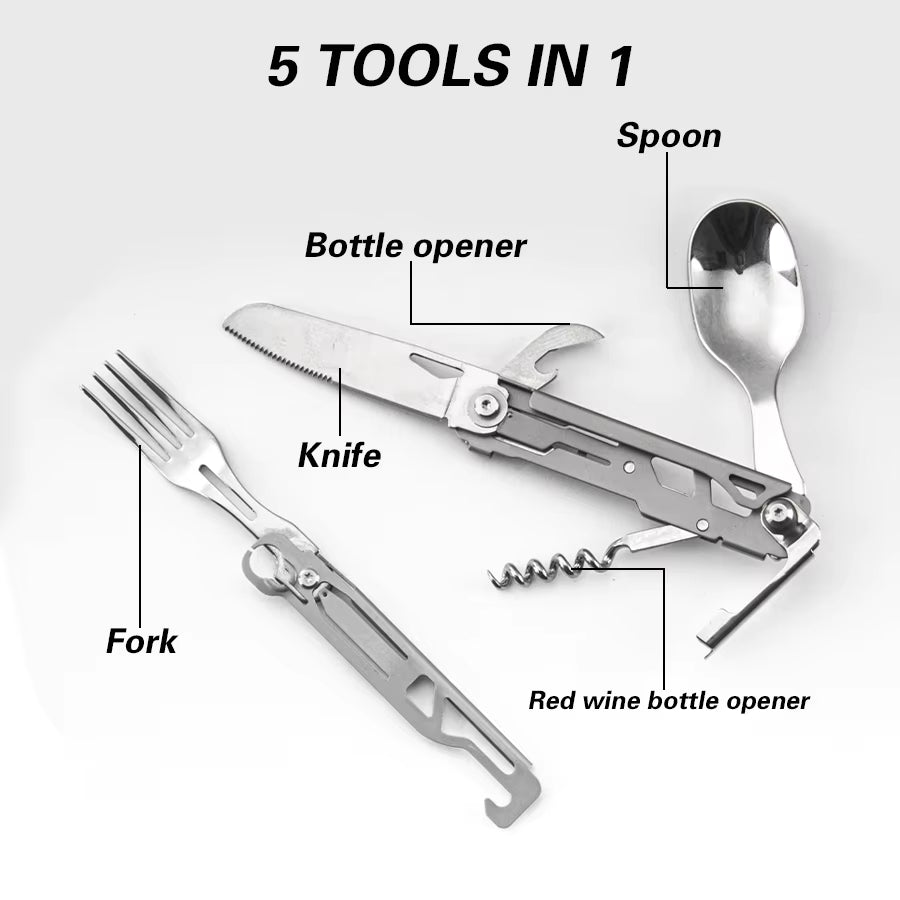 Stainless Steel Outdoor Knife Set with Fork, Red Wine Bottle Opener and Spoon, Durable Portable for Camping, Backpacking