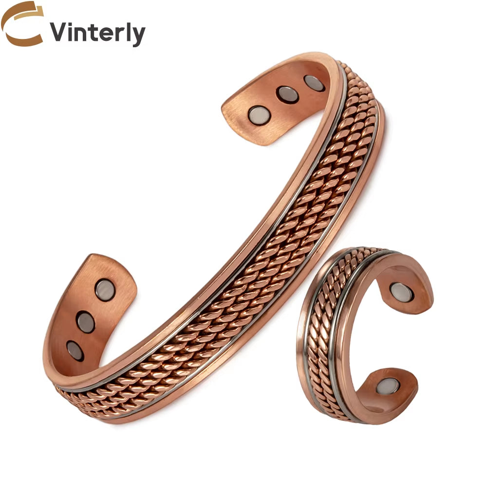Twisted Magnetic Pure Copper Jewelry-Set Adjustable Bracelet Ring Magnet Resizable Health Arthritis Jewelry Set for Women Men