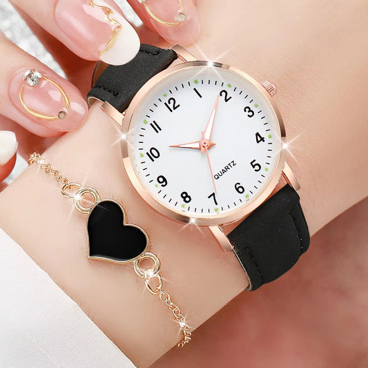 4/6PCS Women Quartz Watches Set Ladies Arabic Dial Wristwatch Fashion Leather Strap With Heart Bracelet Reloj Mujer(Without Box)