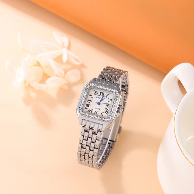 Luxury Women's Quartz Watch Fashion Leisure Diamond Simple Gold Silvery Steel Strip Wristwatch for Ladies Gift Clock